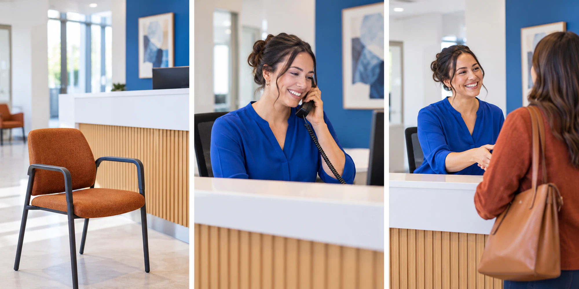 Three scenes show an empty reception chair, a receptionist making a call and an adult visitor being welcomed
