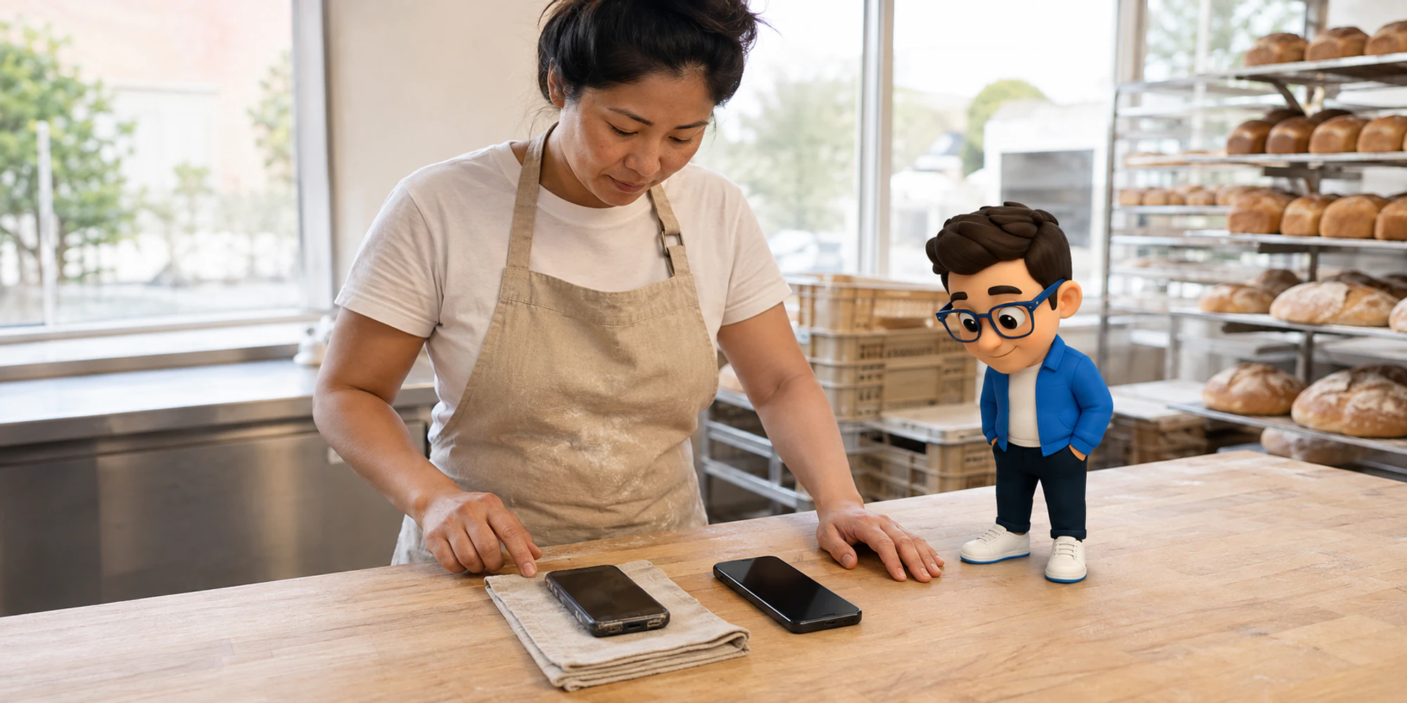 Bakery supervisor compares an old and replacement business phone while the DripTell Context Keeper checks beside them