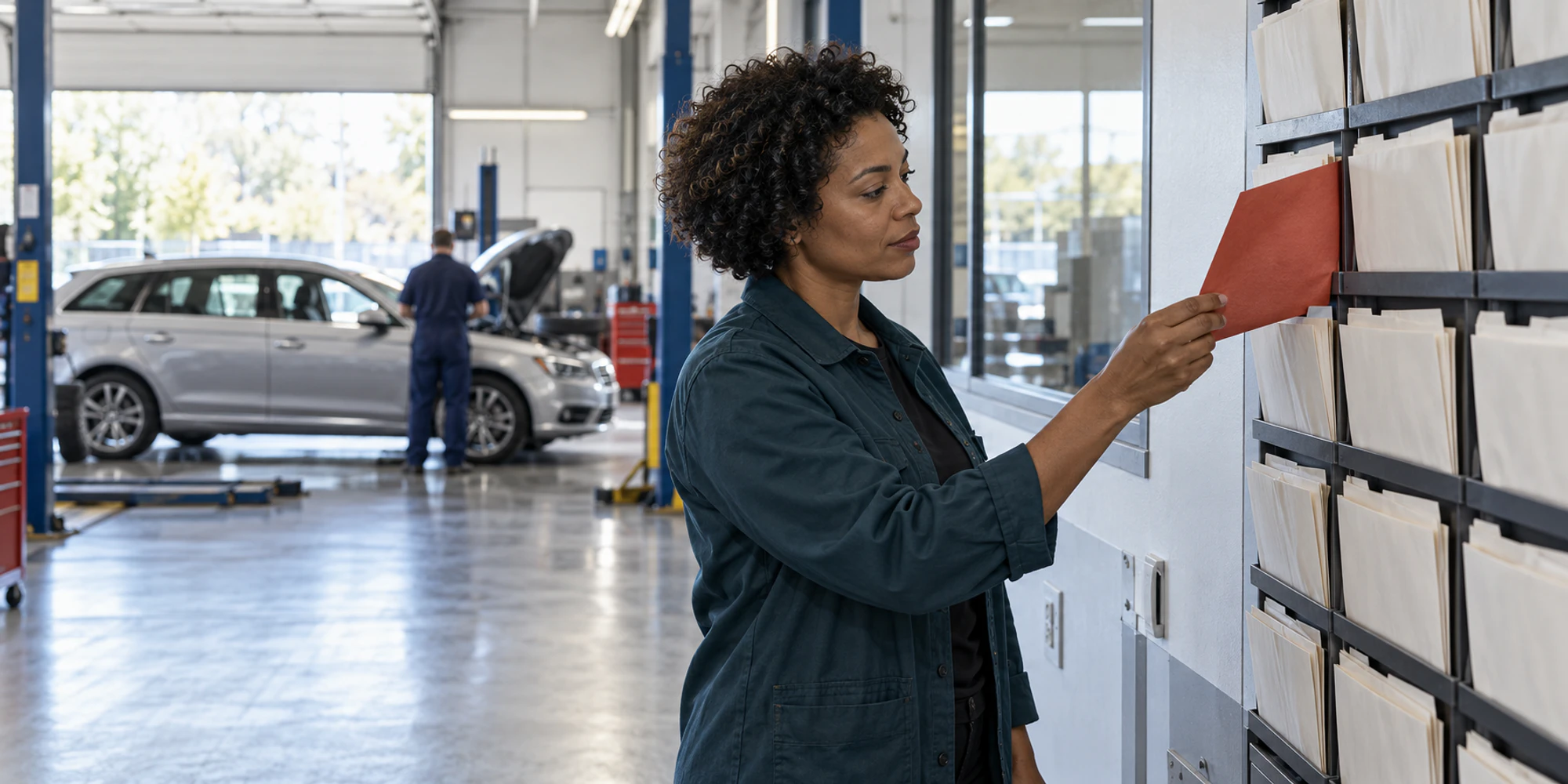 Workshop operations coordinator checks a red exception sleeve in a physical service job rack