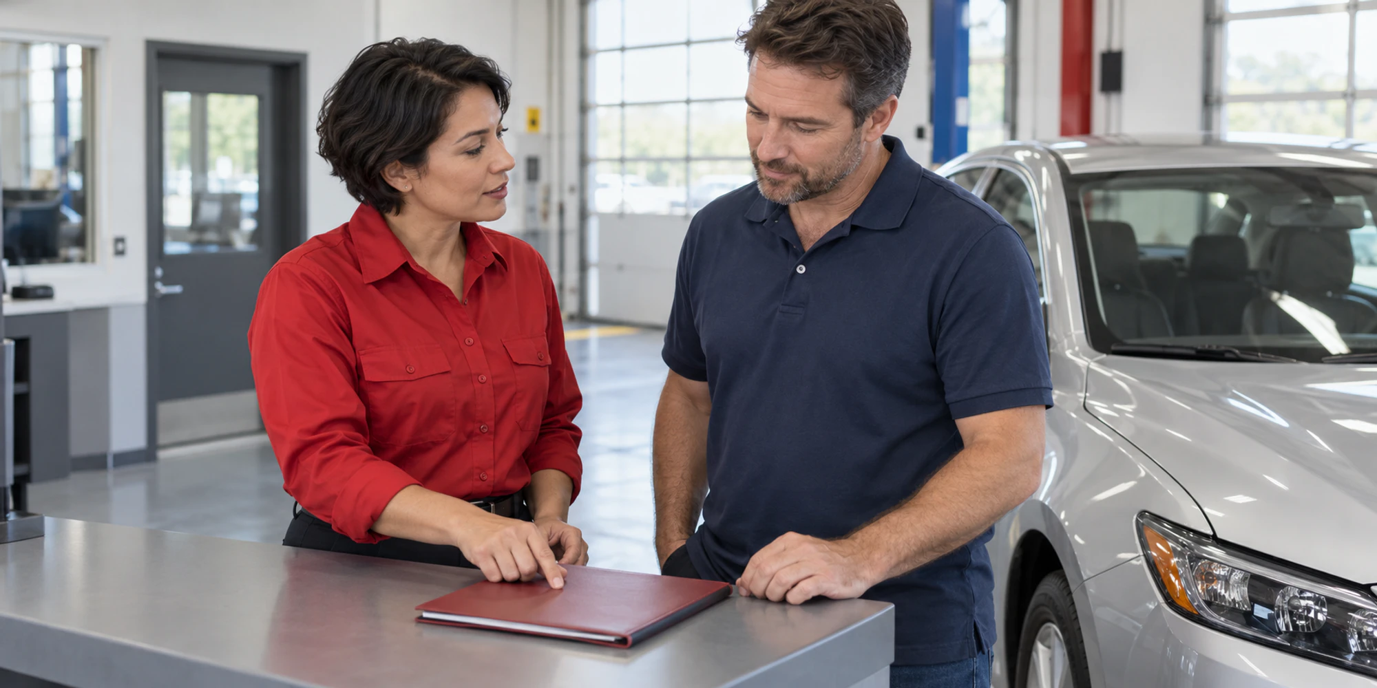 Workshop advisor in a red shirt beside a silver car discussing options with an adult customer