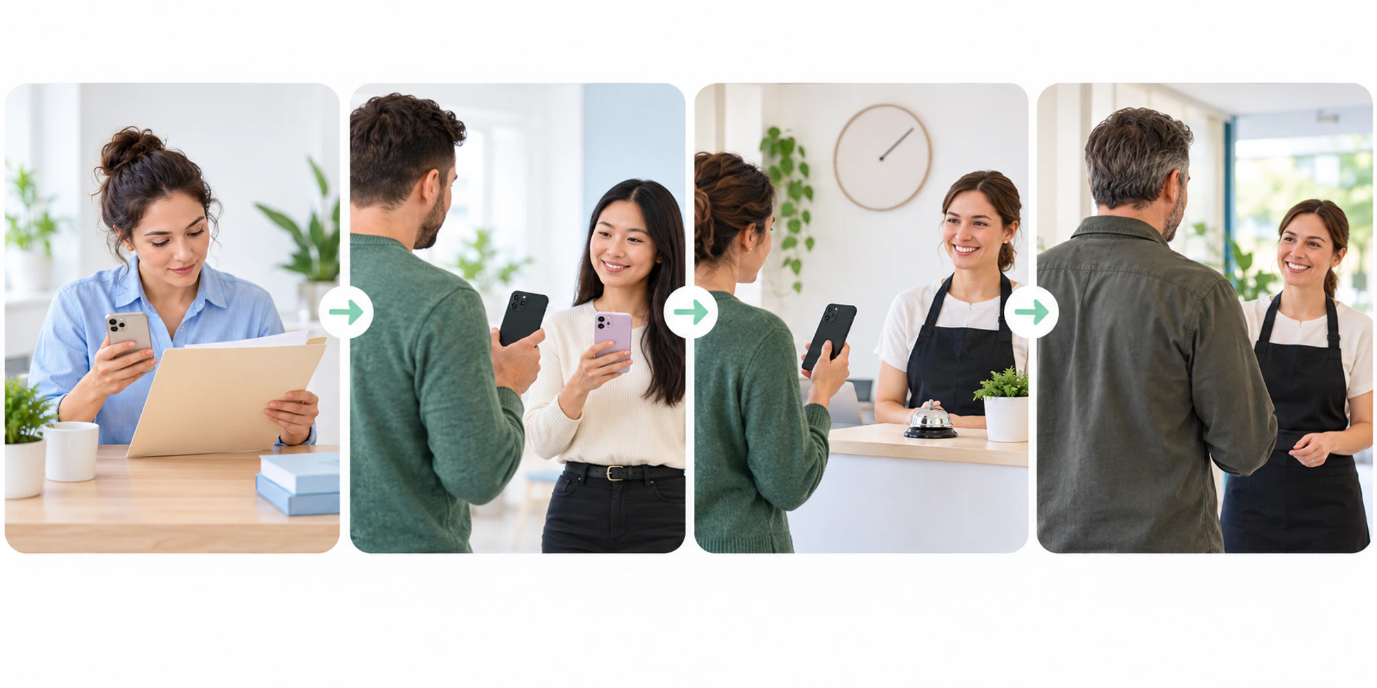 From approval to a controlled release Four wordless stages show exact data review, a controlled phone test, an owned reply, and a monitored customer arrival.