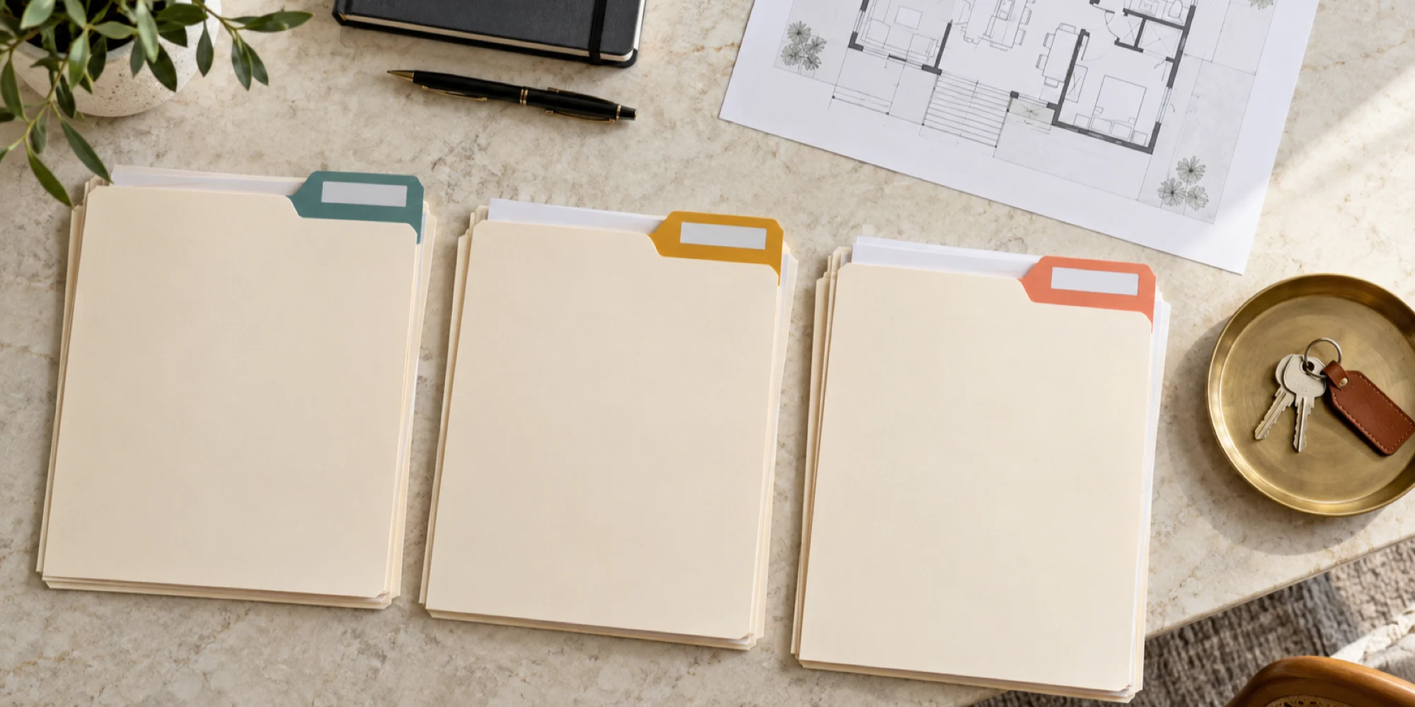 Three property folders with distinct version tabs sit beside an architectural plan and keys