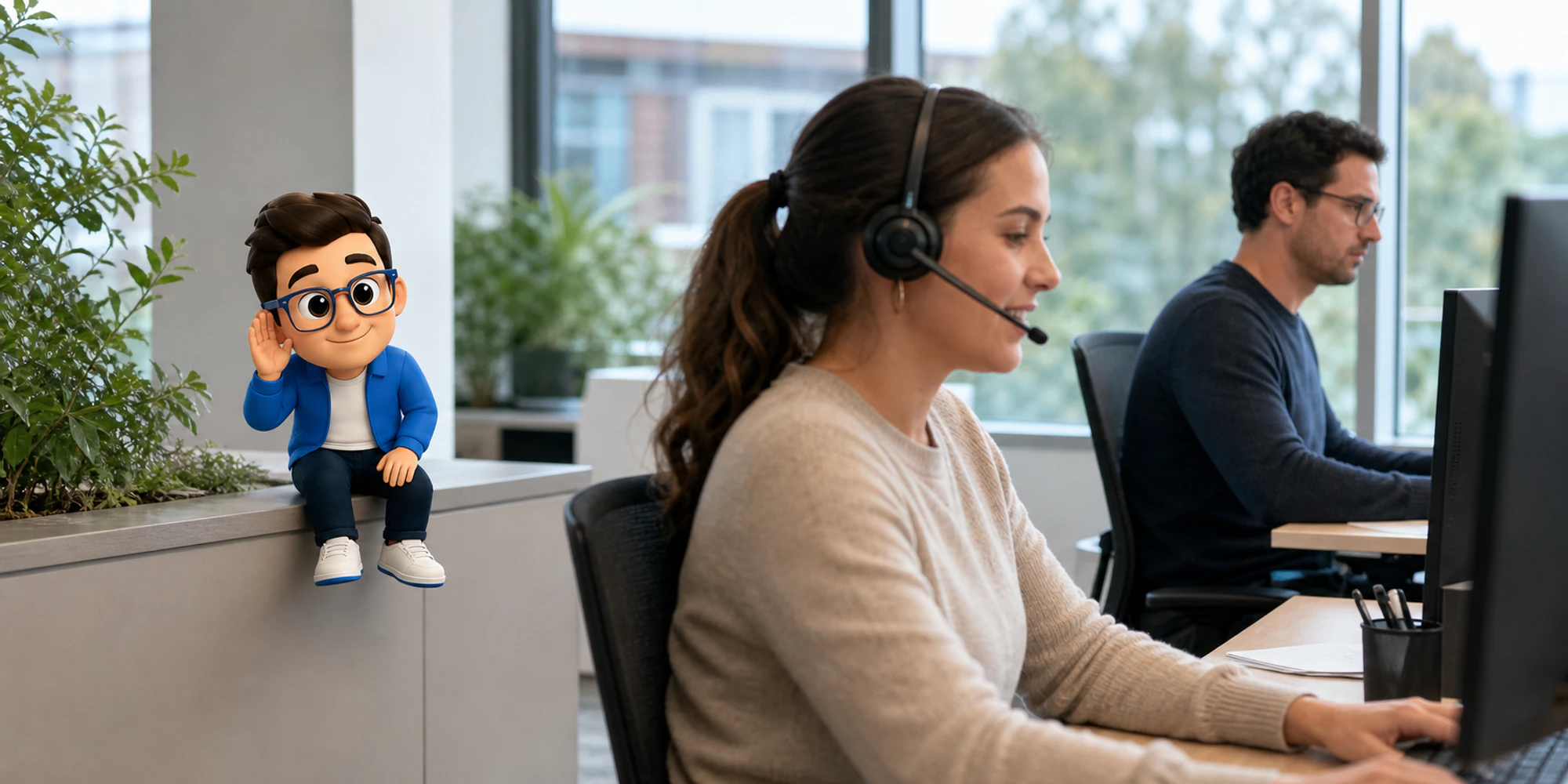 Customer service representative finishes a support call while the seated Context Keeper listens in a bright office