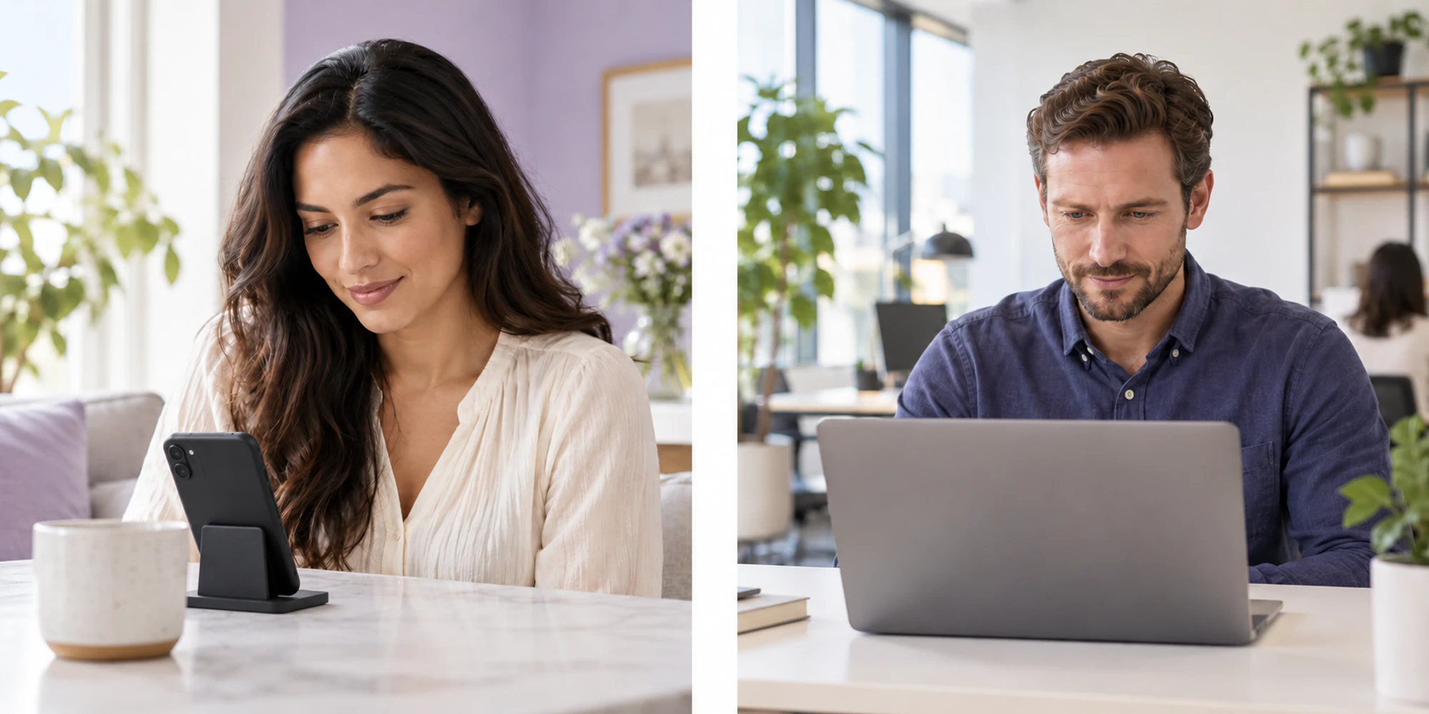 Illustrative comparison of a customer reading a phone and a support specialist reviewing a laptop
