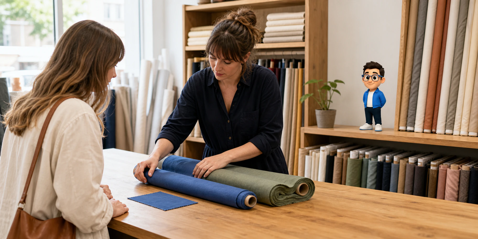 Fabric specialist matching a customer's blue swatch while the Context Keeper watches from a shelf