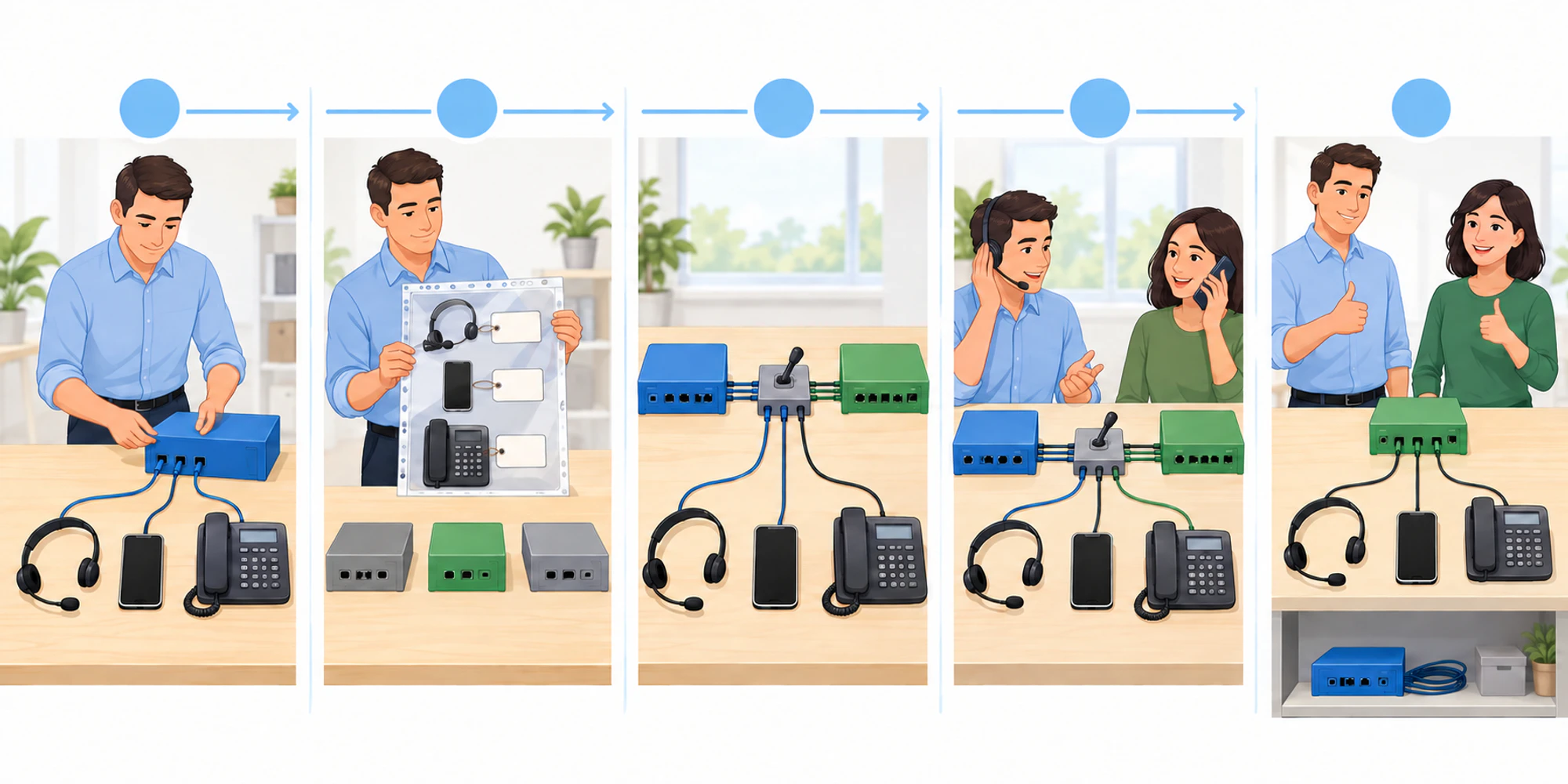 A wordless flow inventories three communication paths, protects endpoints, runs old and new services together, tests them and stores the retired box.