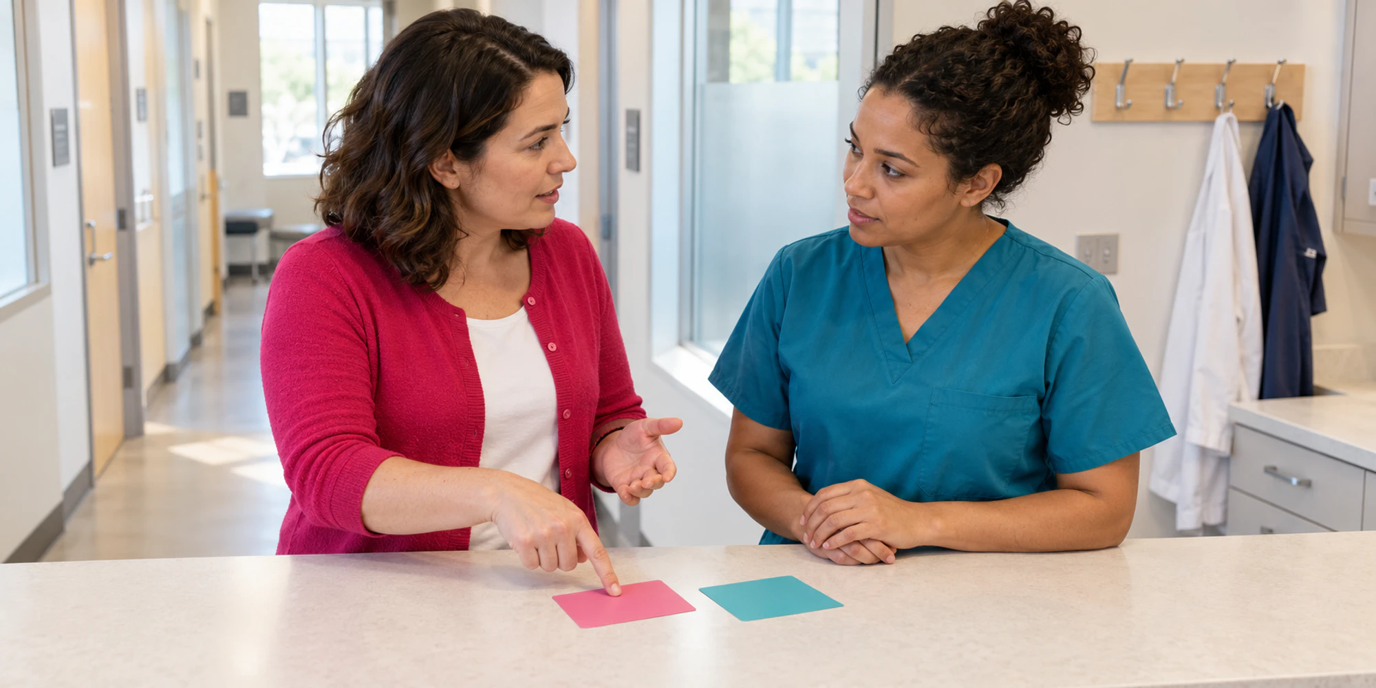 A clinic coordinator and nurse define separate routing paths with two blank colour cards in a bright staff workroom