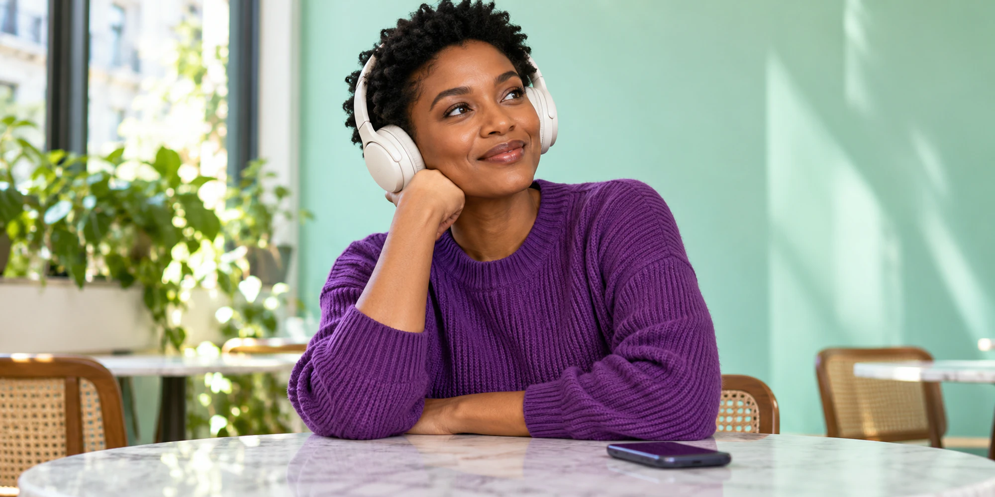 A woman wearing headphones listens beside a phone in a bright cafe
