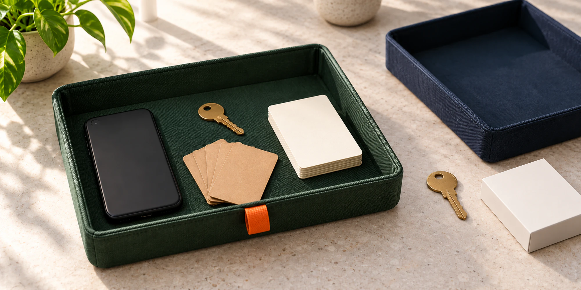 A green organizer holds one face-down phone, one key and blank contact cards beside a separate empty tray