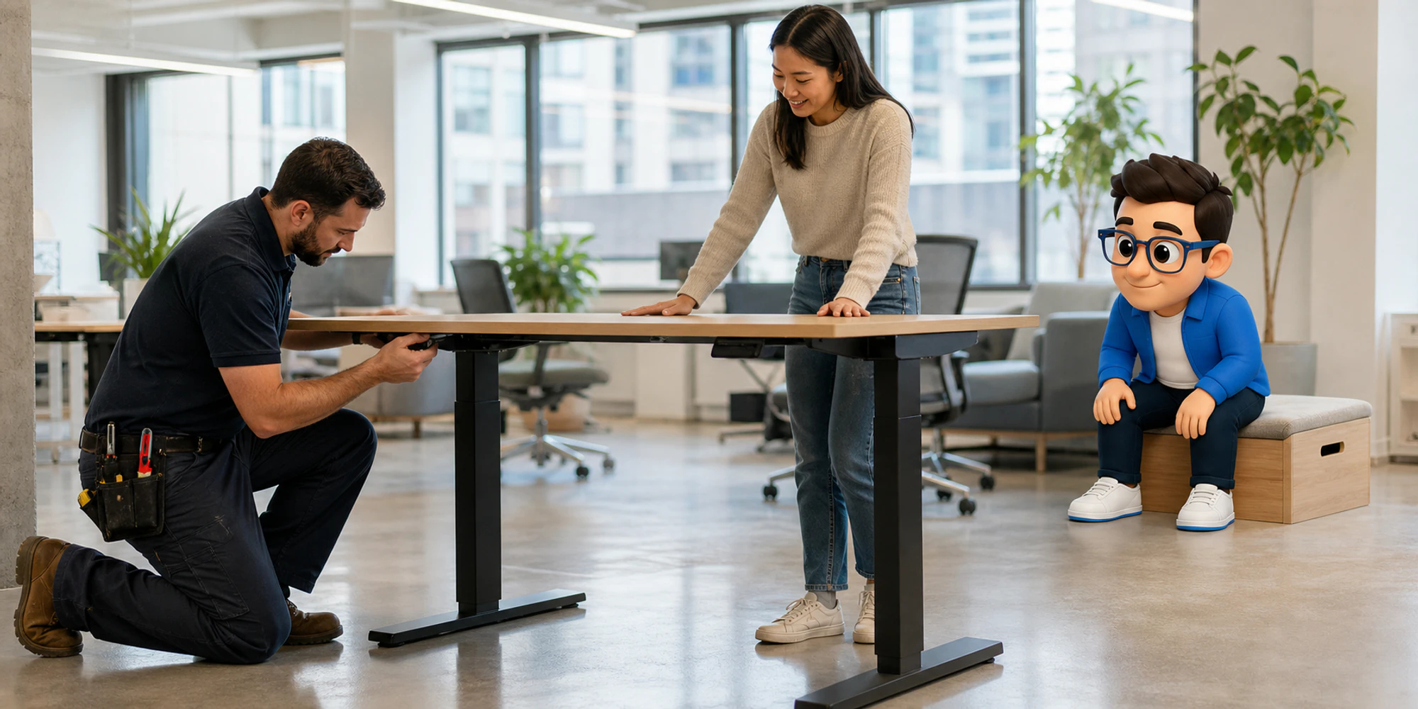 A facilities technician repairs an adjustable desk while a coworking member verifies it and the Context Keeper observes.