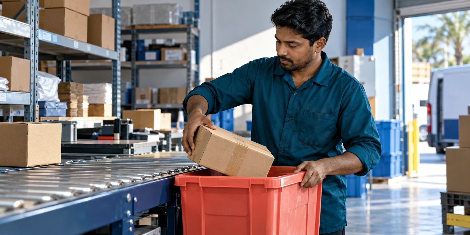A warehouse worker moves an unbranded parcel from a fulfilment conveyor into a coral hold tote