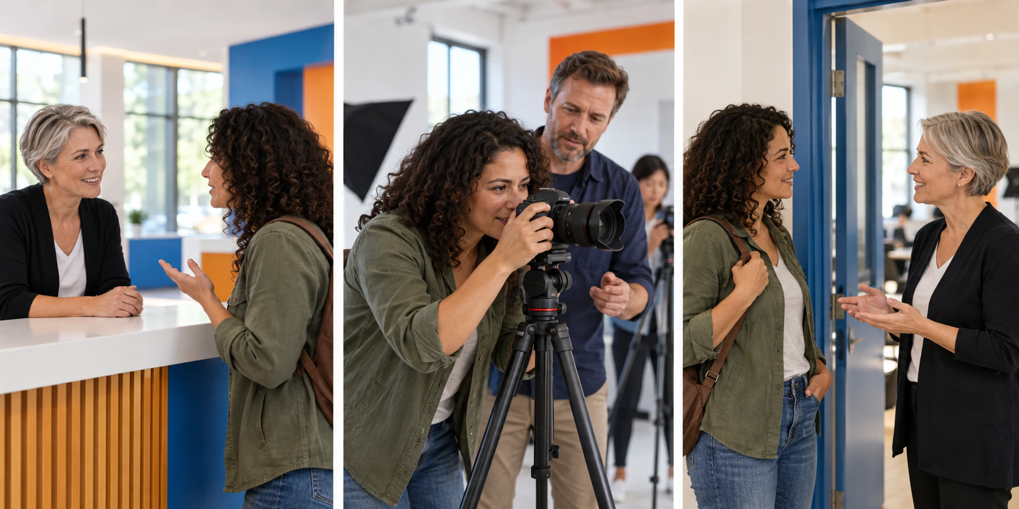 Three scenes show an adult learner asking about a course, attending a photography class and discussing the next step