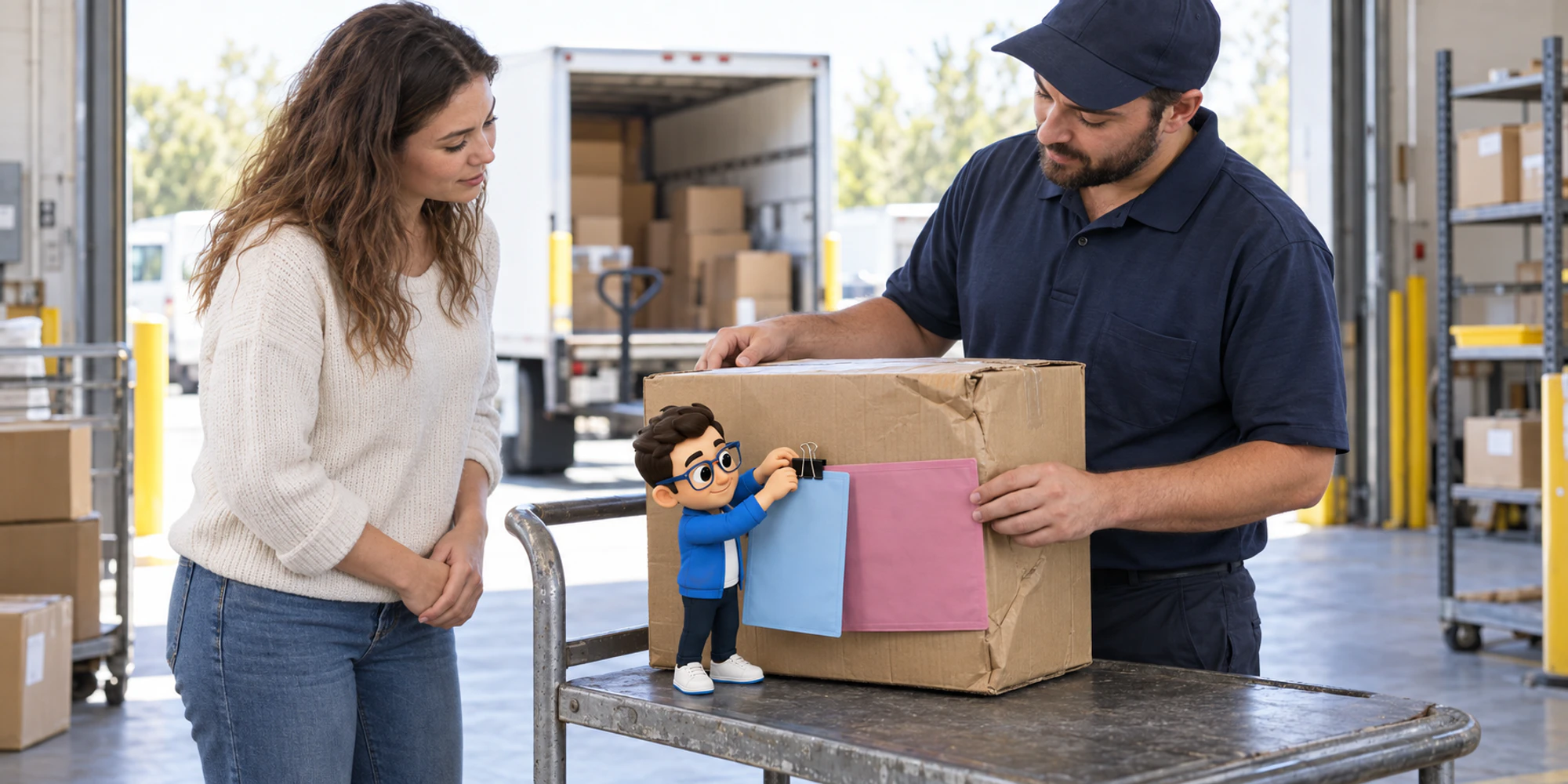 A courier employee compares two plain case sleeves attached to one damaged parcel while the Context Keeper clips them together.
