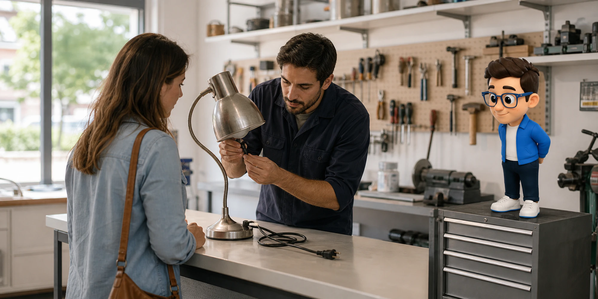 Lamp repairer checks a returned desk lamp while the Context Keeper verifies the fix beside the customer