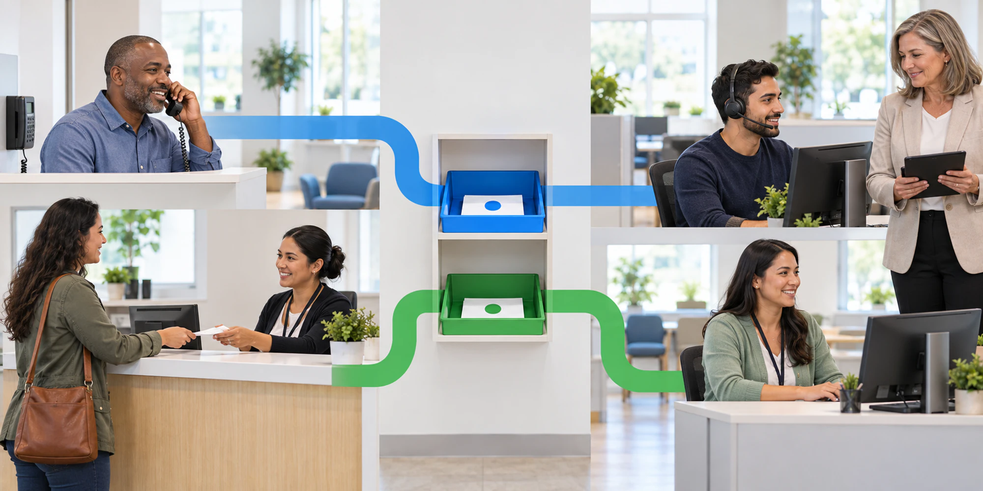 Phone and counter requests enter separate groups once, then guide staffing for each service point.