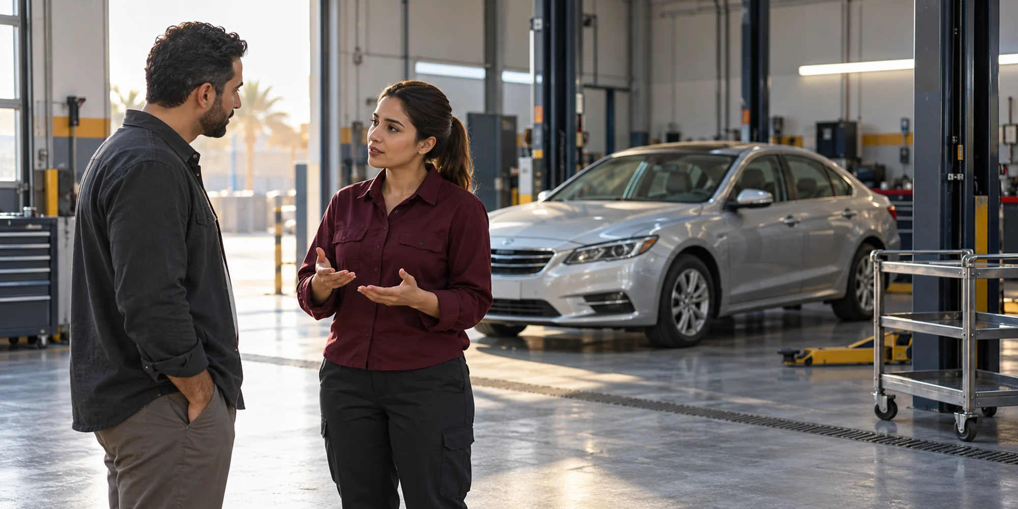 A service adviser explains a repair delay to a customer beside a stationary silver car in a workshop