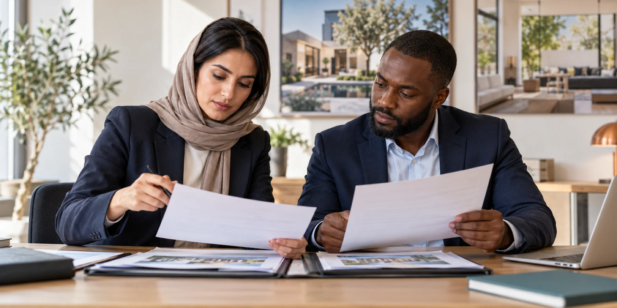 Two real-estate professionals compare current property offer documents at an agency desk