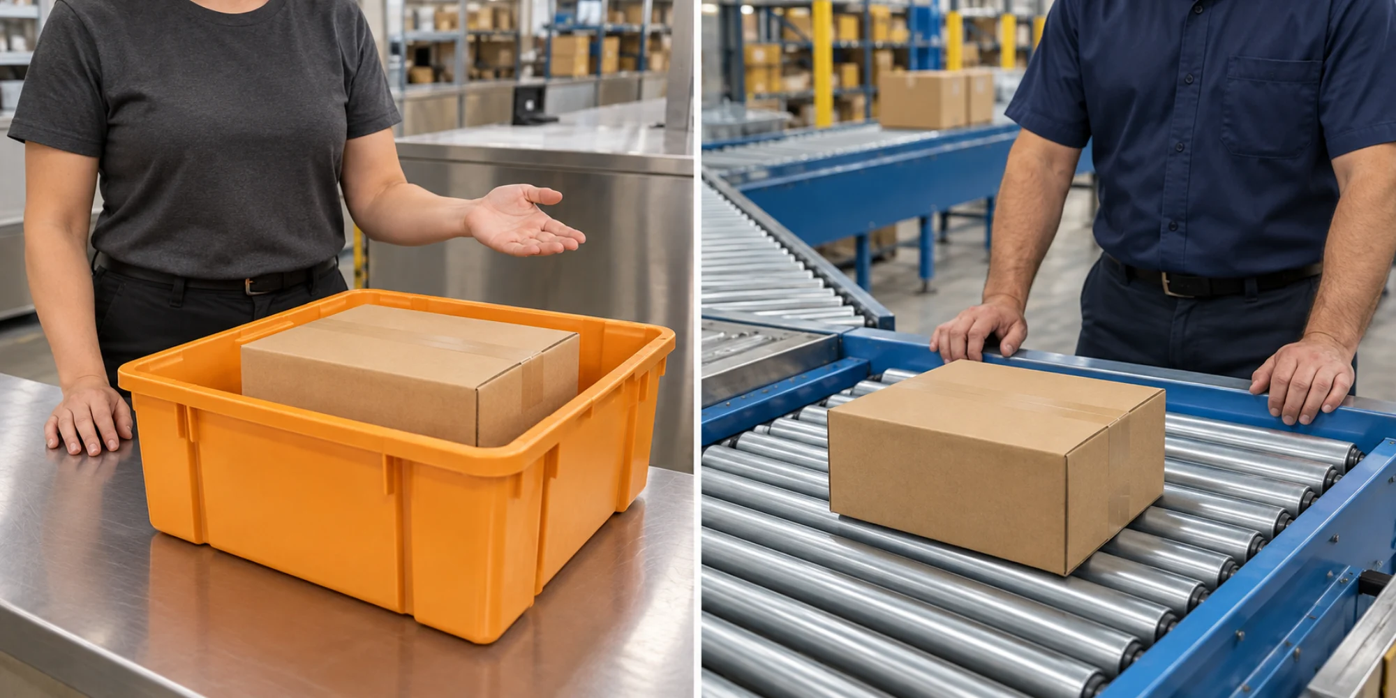 A pending parcel in an orange hold tote beside a cleared parcel on a blue dispatch lane
