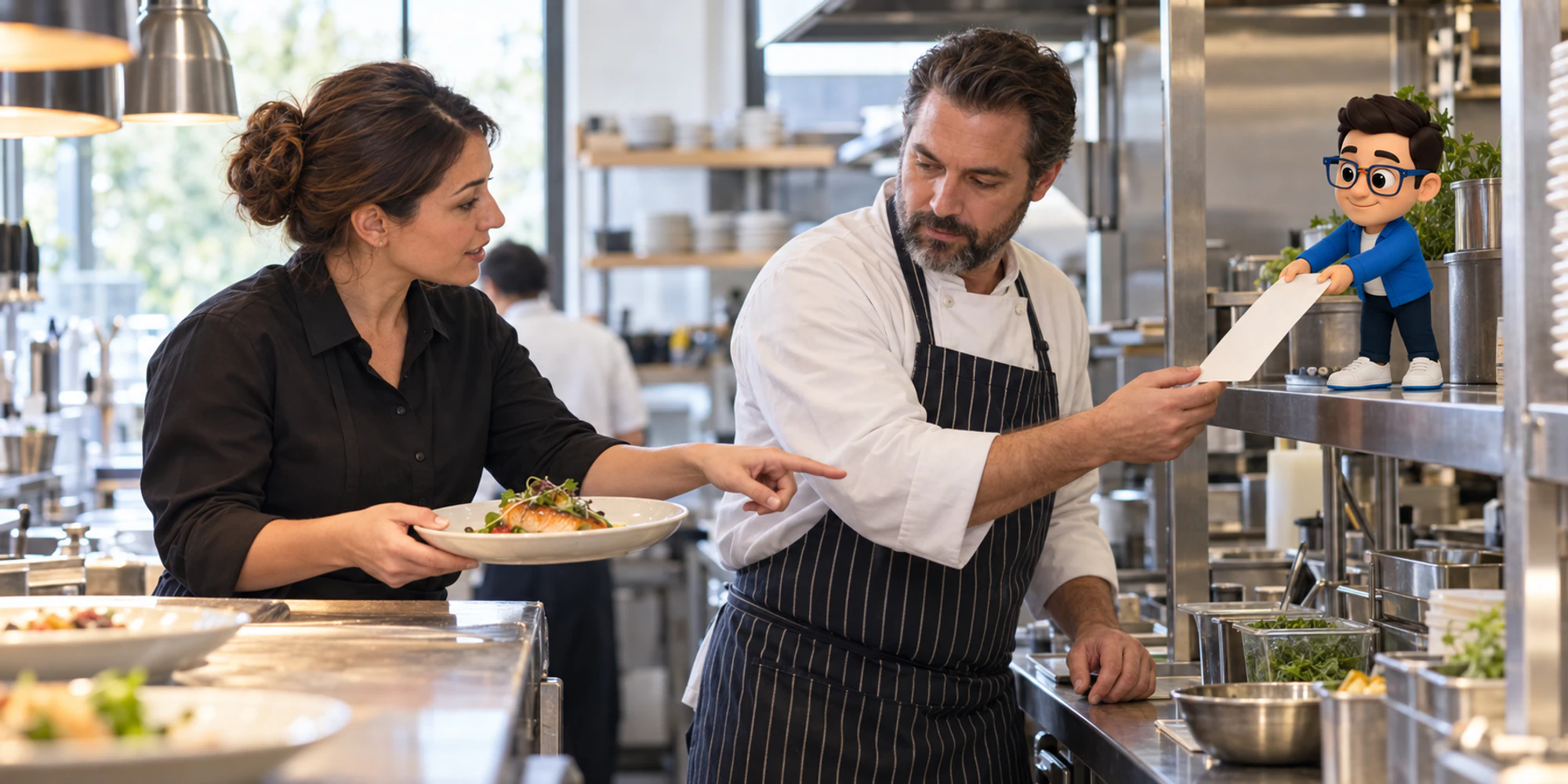 Restaurant supervisor redirects an allergy-sensitive order to a qualified chef while the Context Keeper passes a blank order sleeve