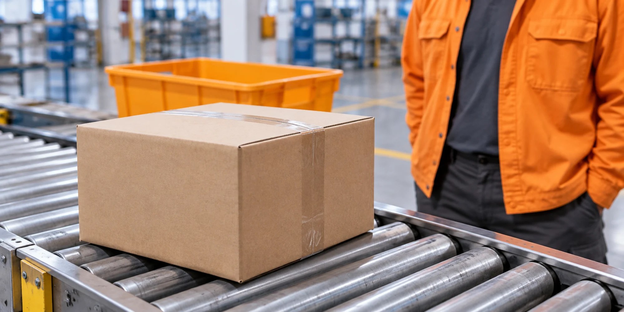 A blank parcel paused on a warehouse conveyor beside a logistics coordinator
