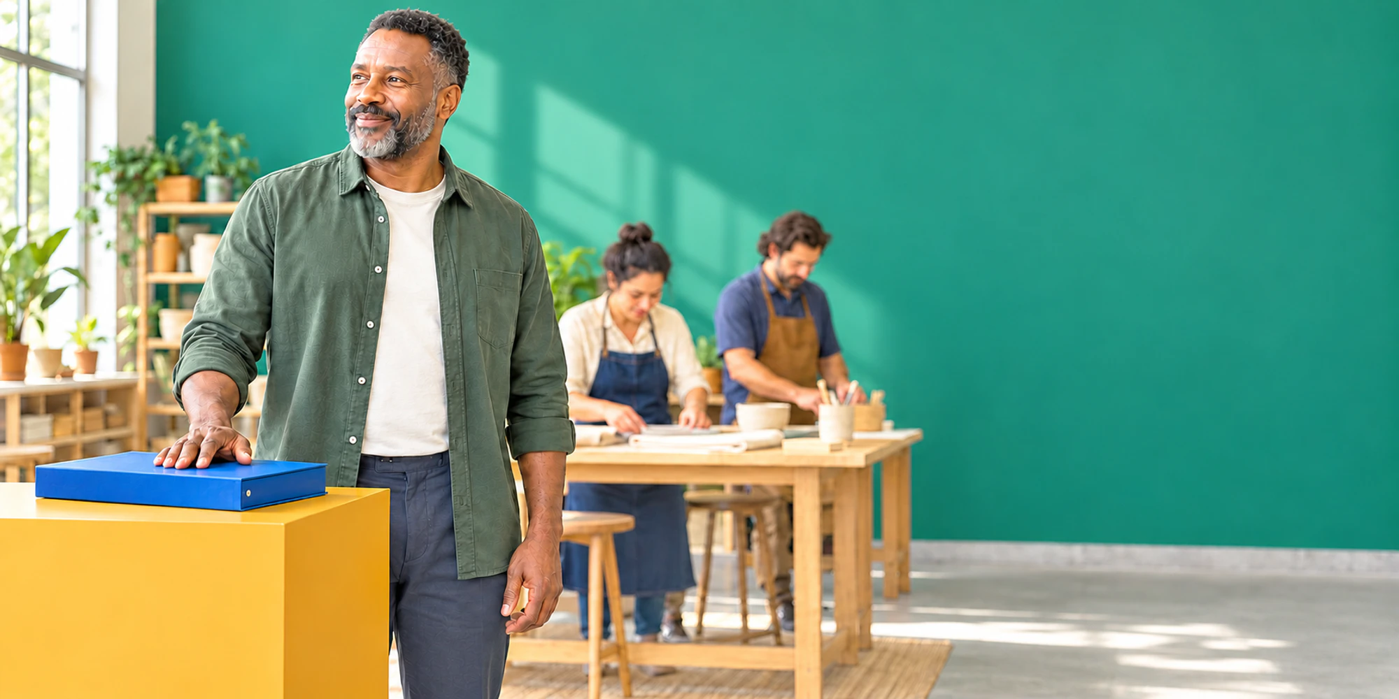 Admissions knowledge owner stands beside an approved course folio in an adult learning studio
