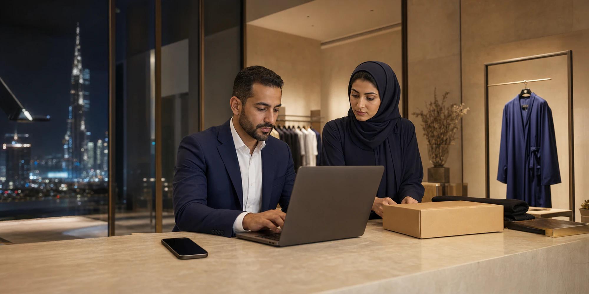 GCC retail operations colleagues coordinate a digital customer enquiry beside a packed order in a Dubai boutique