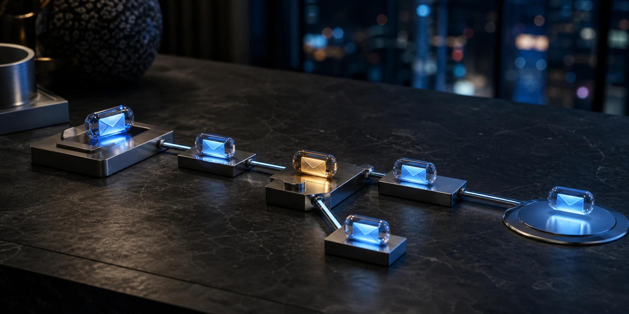 Glass message capsules moving through metal delivery checkpoints, with one amber capsule paused for diagnosis