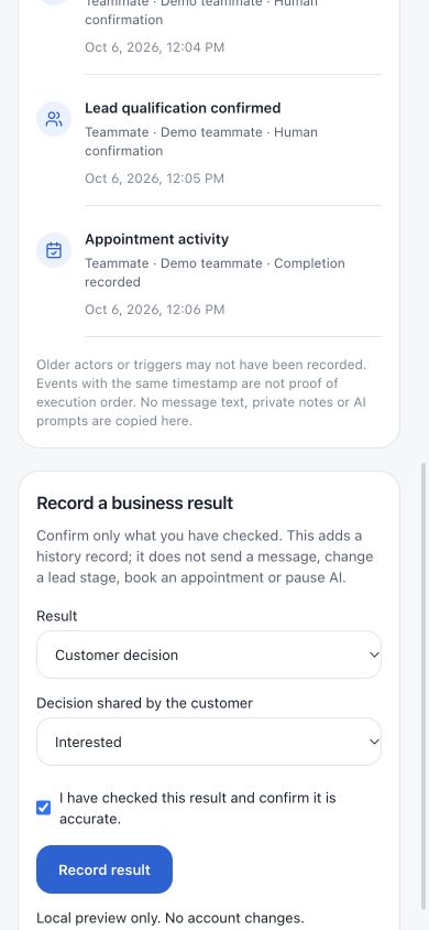 DripTell Customer Journey timeline preview with recorded events and Record result controls