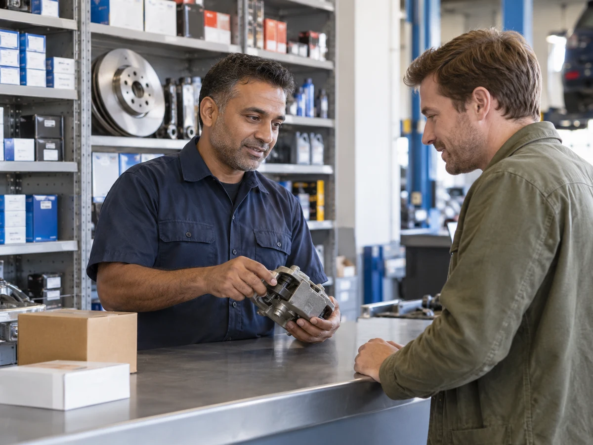Automotive parts adviser assisting a workshop customer