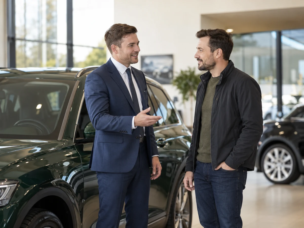 Vehicle adviser discussing a car with a showroom customer
