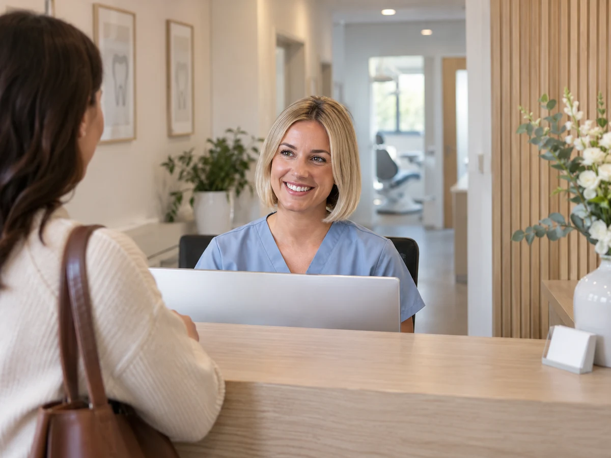 Dental clinic receptionist scheduling a patient visit