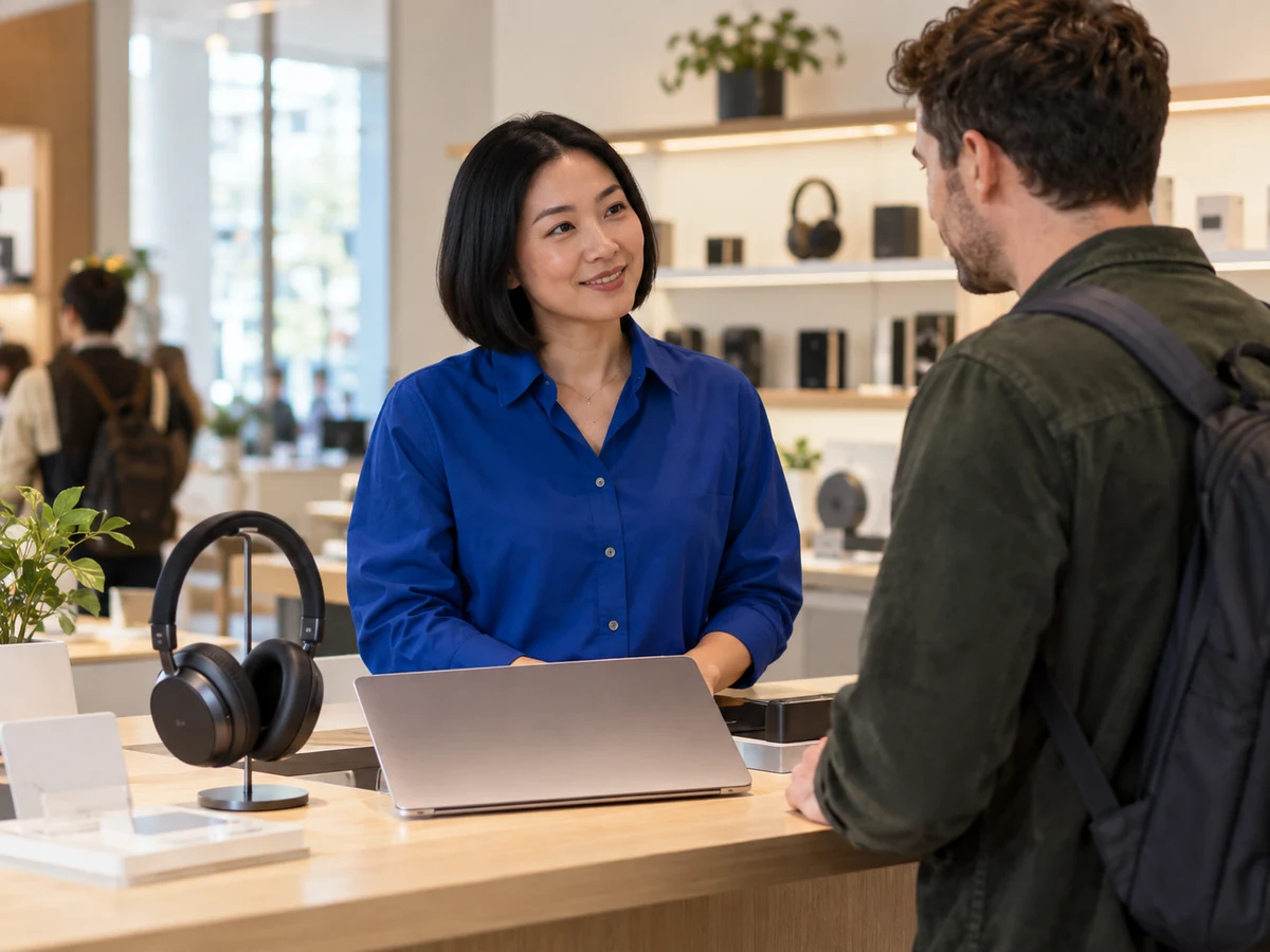 Electronics adviser assisting a customer at a technology store