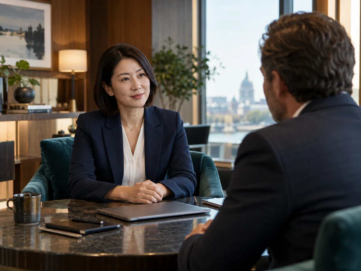 Financial-services adviser welcoming a business client
