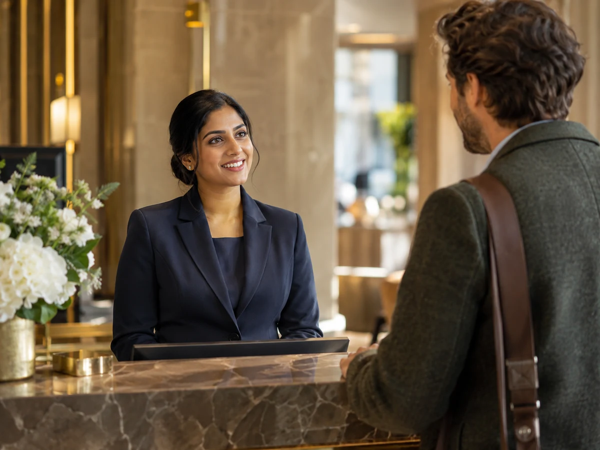 Hotel guest services specialist welcoming a guest
