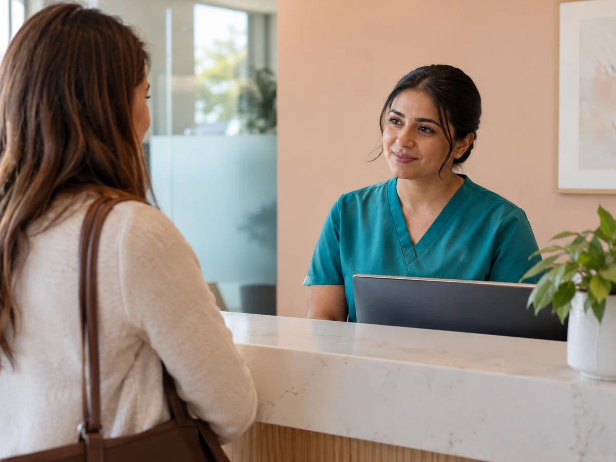 Medical clinic coordinator welcoming a visitor