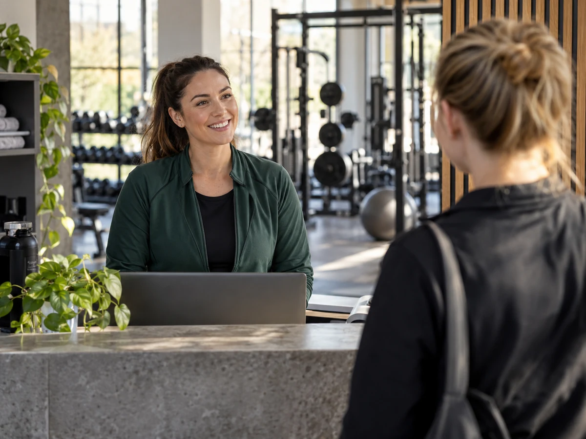 Fitness studio manager welcoming an adult member